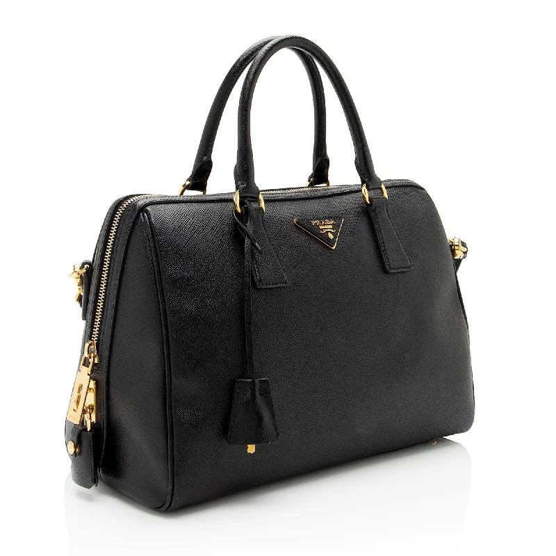 Prada bags with a chain - link trim and a leather body for a modern and stylish edgePrada Saffiano Leather Convertible Bowler Bag (SHF-8n5F4Y)