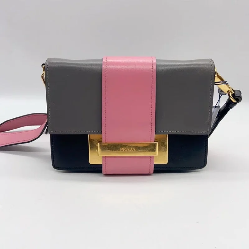 Prada bags with a detachable mobile phone holder for on - the - go conveniencePrada Pink Grey Black Leather Crossbody Bag Medium