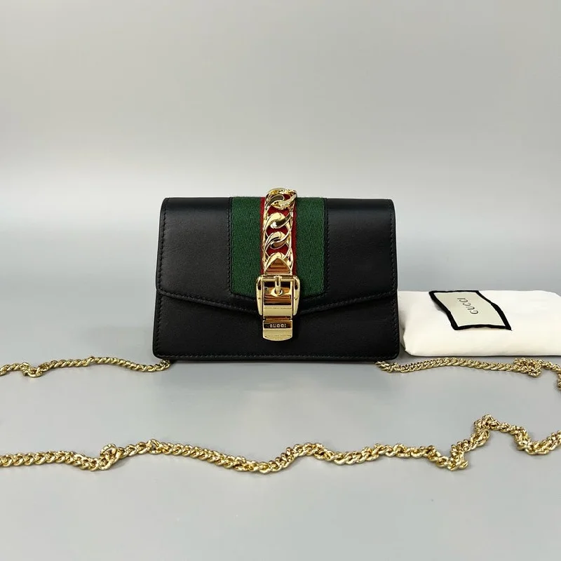 Ladies Gucci Dionysus bags with a chain - link shoulder strapGucci Sylvie Mini Woc Black Green Leather 16.5x11cm Crossbody Bag