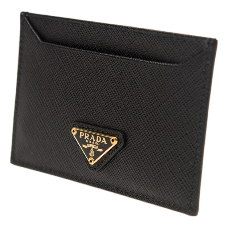 Prada Cahier bags with a leather - wrapped handle for a luxurious feelPrada Saffiano Leather Black Gold Triangle Logo Card Holder 1MC208