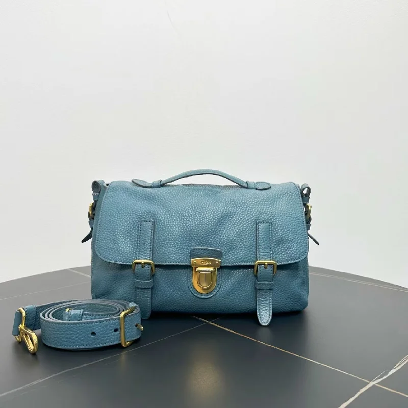 Prada tote bags with a double - handle and shoulder - strap option for easy usePrada Blue Leather Messenger Bag Medium