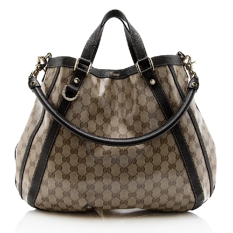 Women Gucci Sylvie bags with a crystal - embellished web stripeGucci GG Crystal Abbey Convertible Tote (SHF-13889)