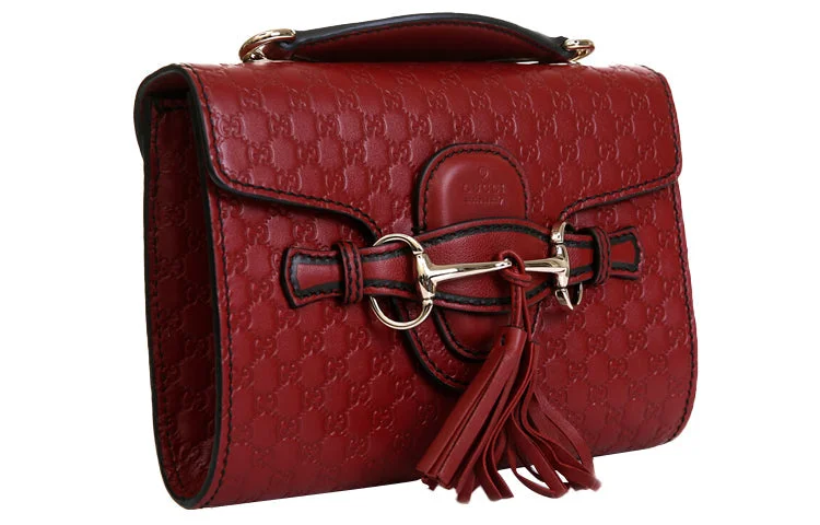 Women Gucci bags with a chain - link trim and a leather bodyGUCCI Leather Old Flower Logo Embossing Horsebit Chain Single-Shoulder Bag Small Red 449636-BMJ1G-6420