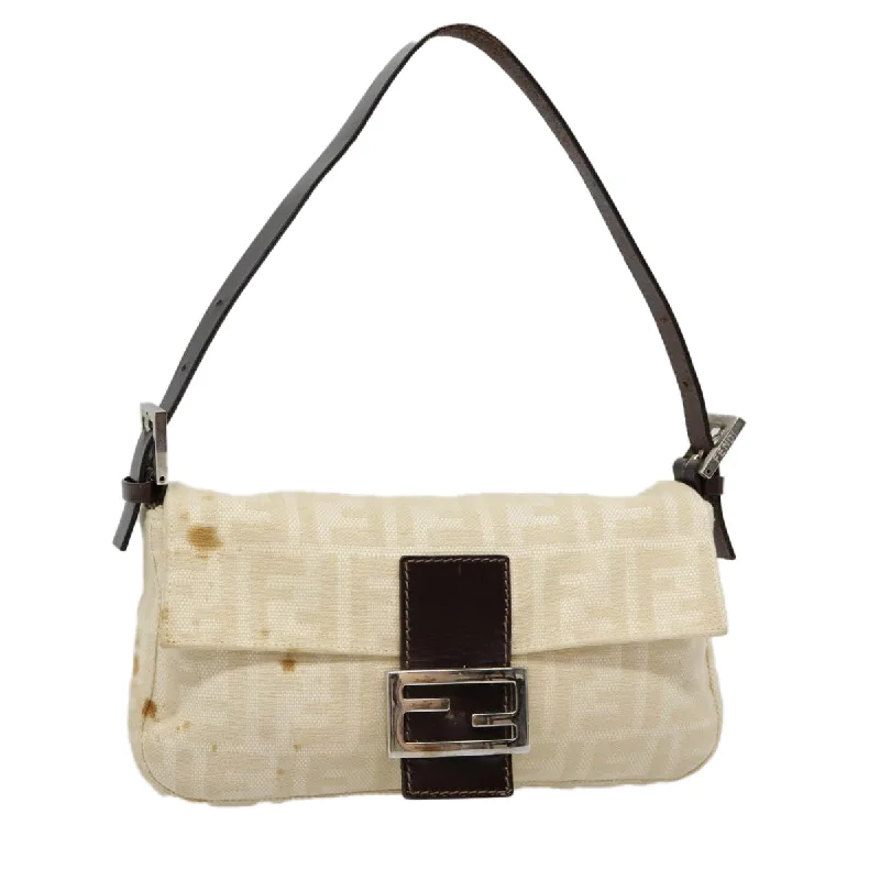 Ladies Fendi shoulder bags with a magnetic - closure flap for easy opening and closingFENDI Zucca Canvas Mamma Baguette Shoulder Bag Beige Brown Silver  90203