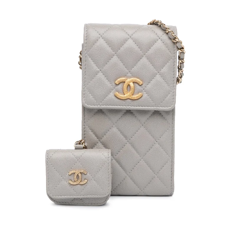 Chanel Quilted Leather Shoulder Bag for FashionistasGray Chanel Quilted Caviar Phone and Airpods Pro Case with Chain Crossbody Bag