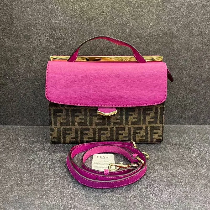 Fendi Baguette bags with a studded leather trim for a bold and edgy lookFendi Mon Tresor Pink Brown Leather Canvas Shoulder Bag Medium