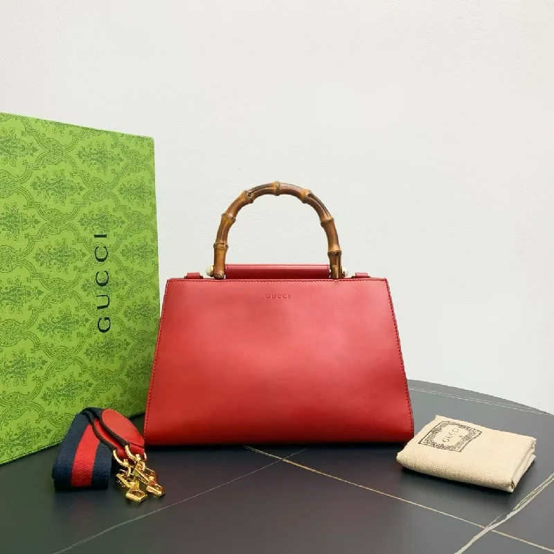 Women Gucci bags with a snap - button closure and a decorative charmGucci Bamboo Red Leather Two Way Bag 29.5