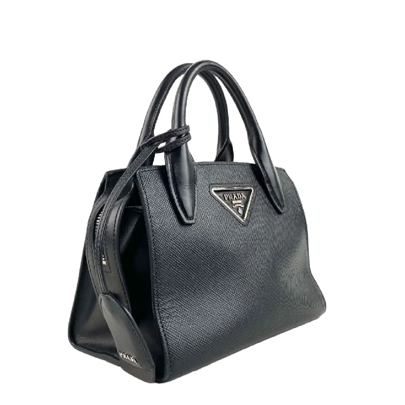 Prada tote bags with a double - handle and shoulder - strap option for easy usePRADA Saffiano Small Kristen Black - OUTLET FINAL SALE