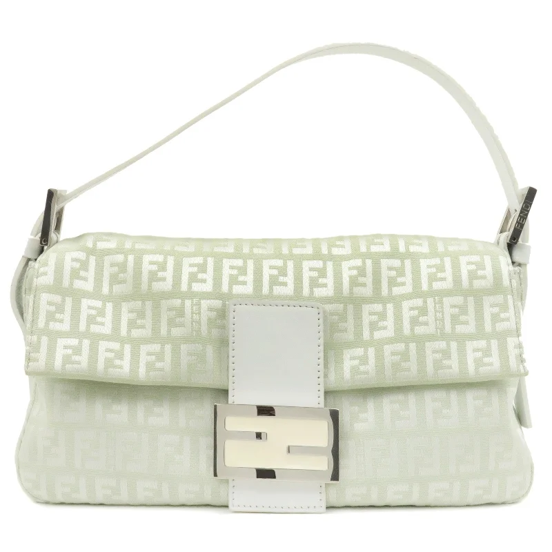 Fendi bags with a zip - top closure and a front - pocket for quick access to keys and cardsFENDI Zucchino Mamma Baguette Canvas Leather Bag White Green