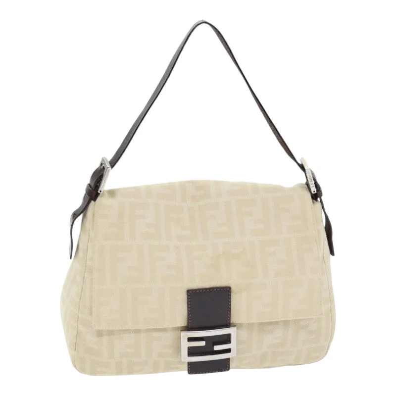 Fendi tote bags with a snap - button closure and a decorative charm for a fashionable and personalized lookFENDI Zucca Canvas Mamma Baguette Shoulder Bag Beige Silver  91229