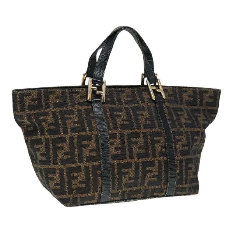 Fendi tote bags with a snap - button closure and a decorative charm for a fashionable and personalized lookFENDI Zucca Canvas Mamma Baguette Hand Bag Black Gold Brown  yk15394