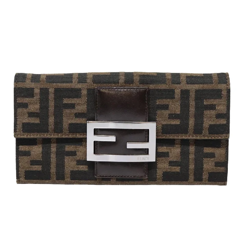 Fendi handbags with a metal - framed clasp for durability and a stylish lookFENDI Zucca Canvas Long Wallet Black Brown Silver  am6992