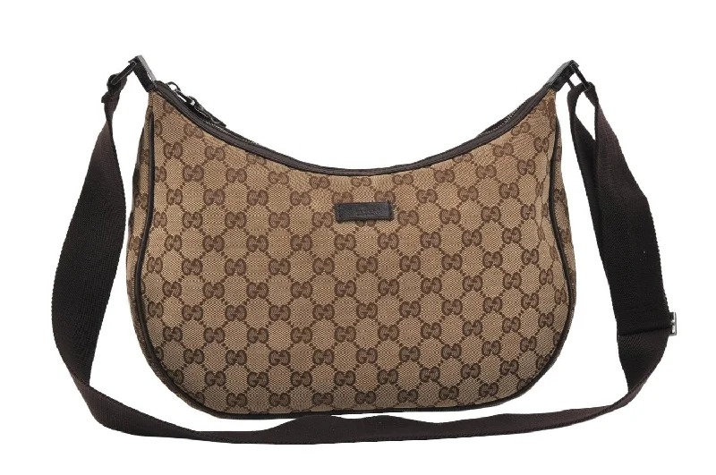 Women Gucci bags with a chain - link trim and a leather bodyAuthentic GUCCI Shoulder Cross Body Bag GG Canvas Leather 122790 Brown 2445K