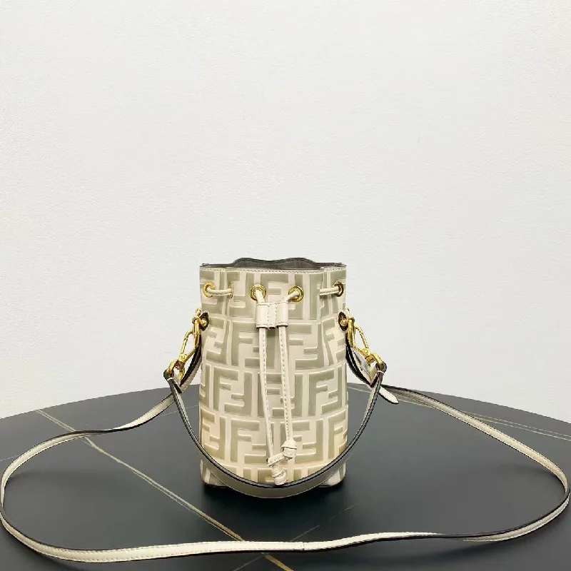 Fendi crossbody bags with a reflective strap for safety during low - light conditionsFendi Mon Tresor White Leather Bucket Bag Small