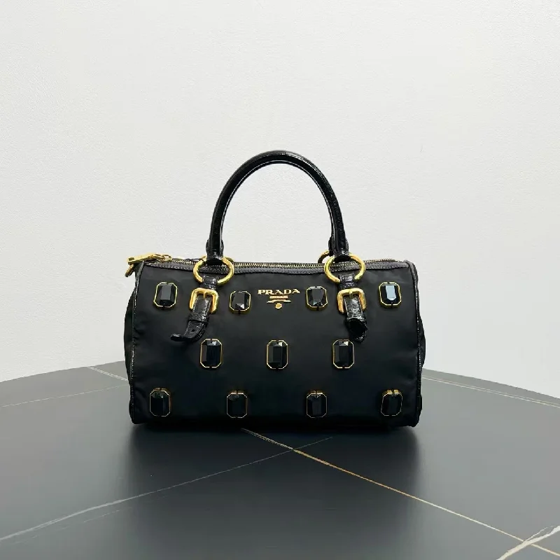 Ladies Prada Galleria bags with a detachable shoulder strapPrada Black Nylon Studded Tote Bag Medium