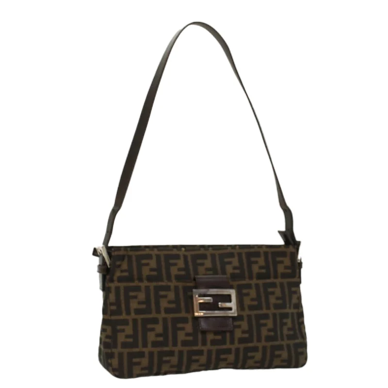 Ladies Fendi shoulder bags with a hidden magnetic pocket for discreet storageFENDI Zucca Canvas Mamma Baguette Shoulder Bag Black Brown  52008