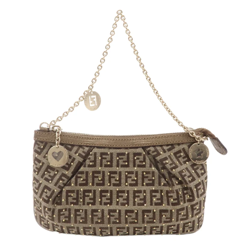 Ladies Fendi Baguette bags with a star - shaped charm for a playful and trendy touchFENDI Zucchino Canvas Leather Chain Bag Pouch Brown 8BR594