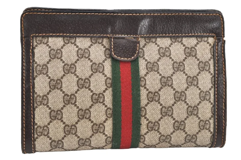 Women Gucci crossbody bags with a printed floral patternAuthentic GUCCI Web Sherry Line Clutch Hand Bag Purse GG PVC Leather Brown 2502K