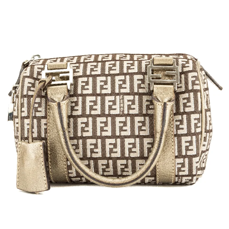 Fendi bags with a chain - link trim and a leather body for a modern and edgy lookFendi Zucchino Forever Bauletto Mini Boston (3912020)