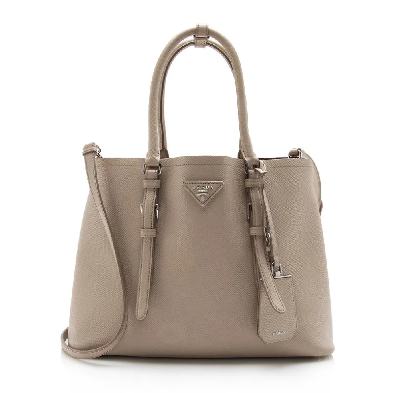 Prada Cleo bags with a contrast - colored interior for visual interestPrada Saffiano Cuir Double Handle Medium Tote - FINAL SALE (SHF-14571)