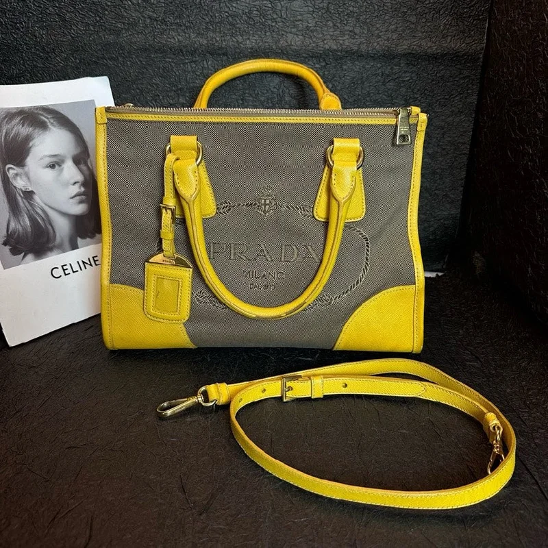 Prada Cahier bags with a detachable shoulder strap for versatile carryingPrada Yellow Canvas Leather Patchwork Shoulder Handheld Bag 31.5cm