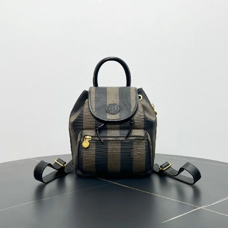 Fendi bags with a touch - screen - friendly pocket for using devices without taking them outFendi Striped Canvas Backpack Black Beige Medium Size