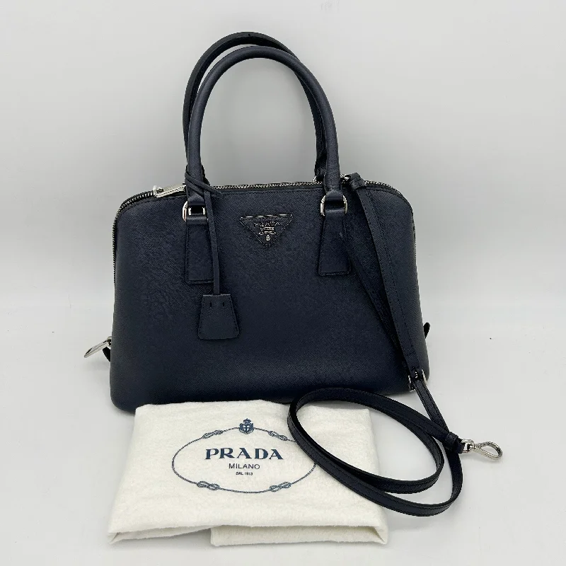 Ladies Prada shoulder bags with a wide - width strap for enhanced comfortPrada Dark Blue Saffiano Leather Small Promenade Satchel