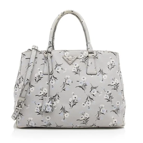 Prada tote bags with a spacious interior and a magnetic - snap closurePrada Saffiano Leather Floral Medium Double Zip Tote - FINAL SALE