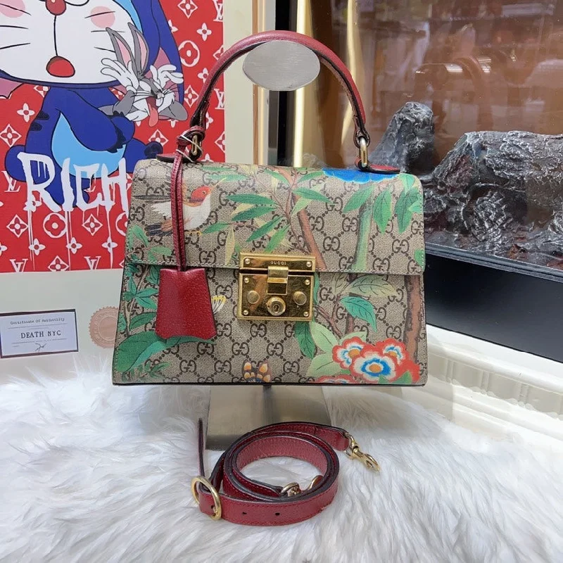 Women Gucci bags with a front - flap pocket for quick - access itemsGucci Tian GG Supreme Floral Print Padlock Bag Small Brown Multicolor