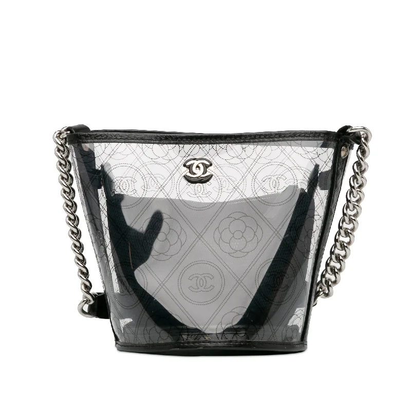 Chanel Designer Handbag with Unique DesignBlack Chanel Crumpled Calfskin PVC Camellia Bucket