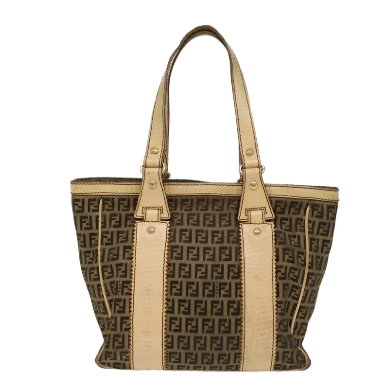 Fendi bags with a zip - top closure and a front - pocket for quick access to keys and cardsFENDI Zucchino Canvas Shoulder Bag Leather Brown Auth ac2009