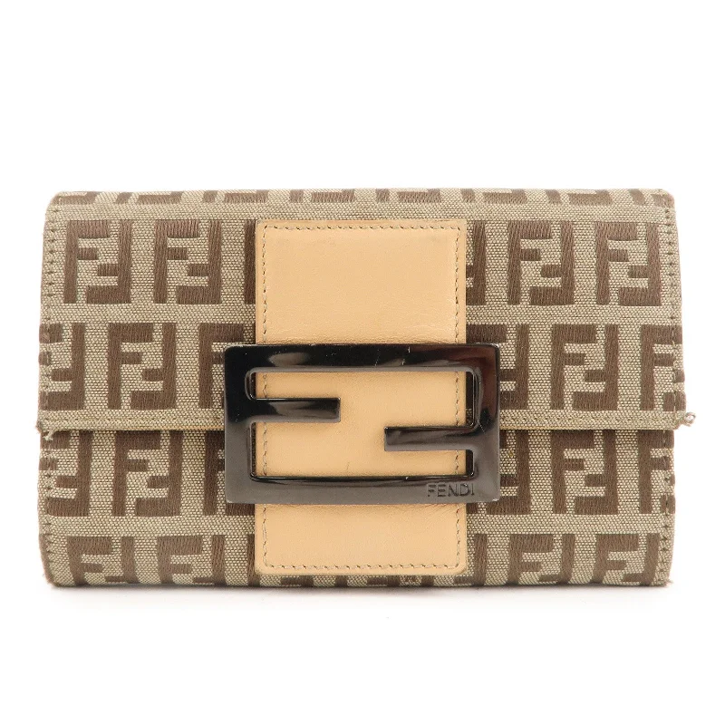 Fendi Baguette bags with a glitter - infused leather surface for a glamorous and sparkly lookFENDI Zucchino Canvas Leather Bi-fold Wallet Beige Brown 8M0036