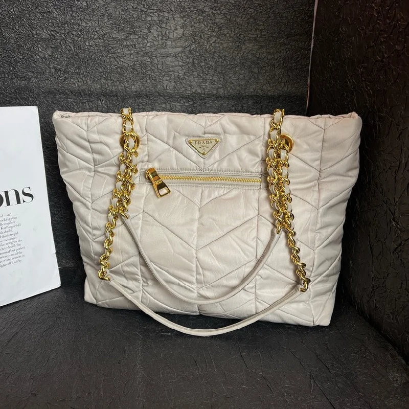 Prada handbags with a beaded trim for a touch of glamour and elegancePrada Light Grey Wrinkled Tote Shoulder Bag 34cm