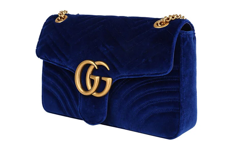 Ladies Gucci shoulder bags with a magnetic - closure flapGUCCI GG Marmont Gold Label Logo Distress Velvet Chain Shoulder Messenger Bag Navy Blue 443496-K4D2T-4511