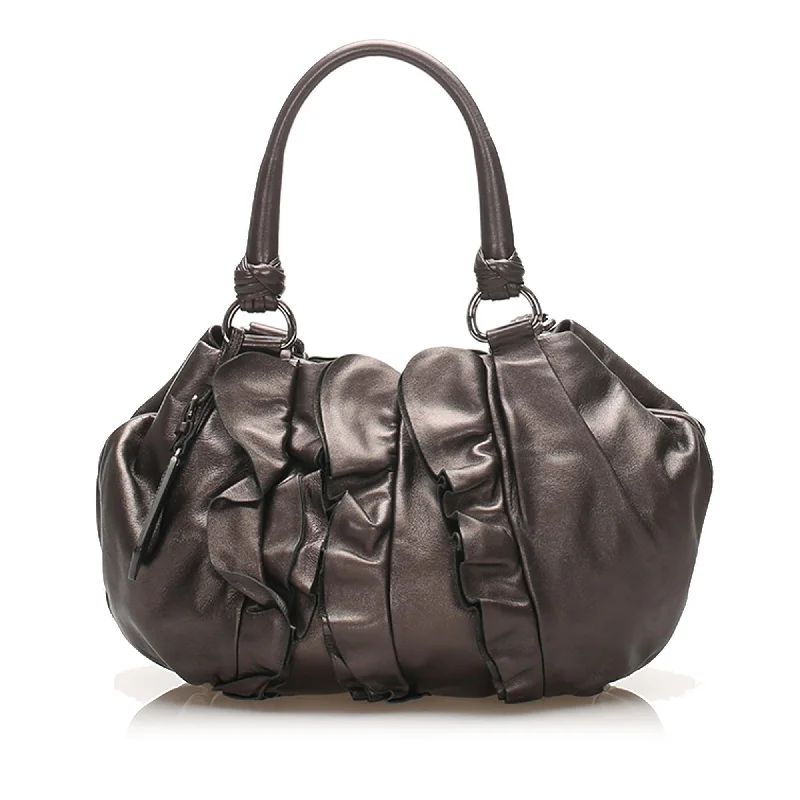 Prada handbags with a metal - framed clasp for durability and stylePrada Ruffled Leather Tote Bag (SHG-14461)