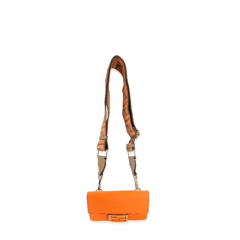 Fendi backpacks with a multi - pocket organization for better functionalityFENDI Orange Calfskin Mini Flat Baguette with Brown 'Strap You' Strap