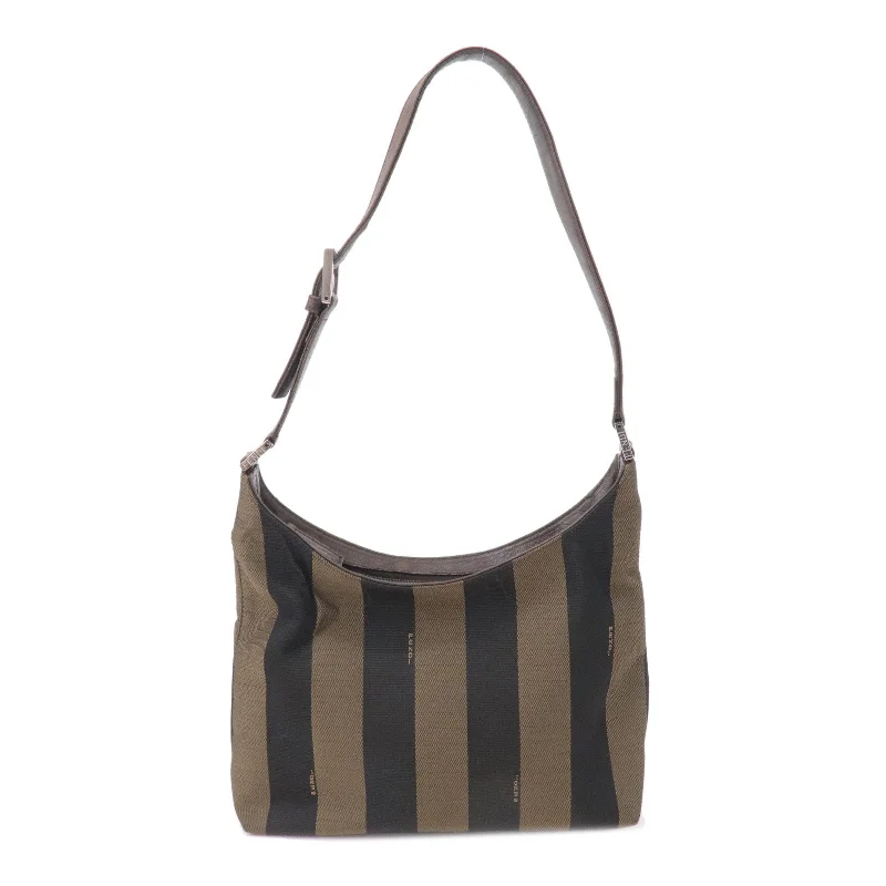 Fendi handbags with a glow - in - the - dark FF logo for a fun and unique featureFENDI Pequin Nylon Canvas Leather Shoulder Bag 26709 Khaki Brown