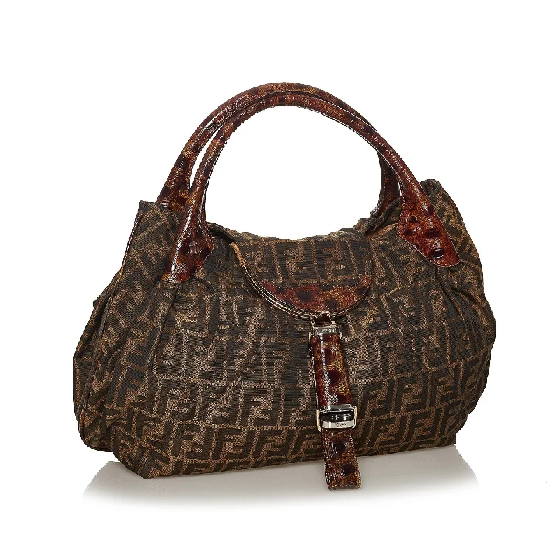 Fendi bags with a chain - link trim and a leather body for a modern and edgy lookFendi Zucca Spy Canvas Handbag (SHG-28363)