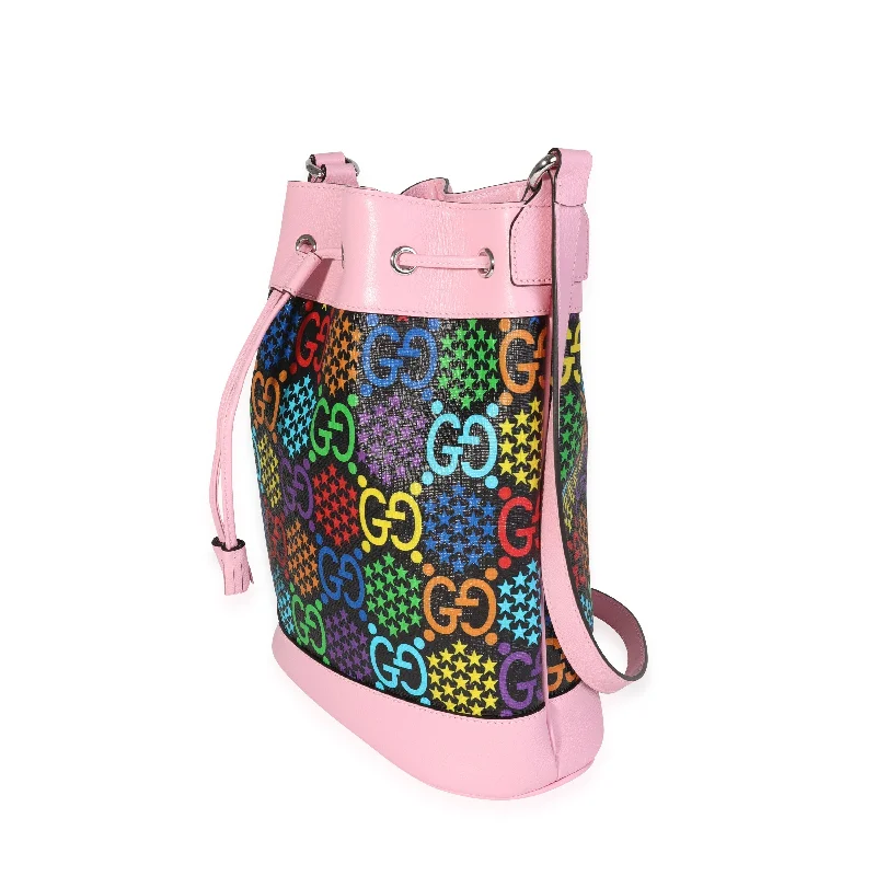 Women Gucci bags with a chain - link trim and a leather bodyGucci Multicolor Coated Canvas & Pink Leather Psychedelic Bucket Bag