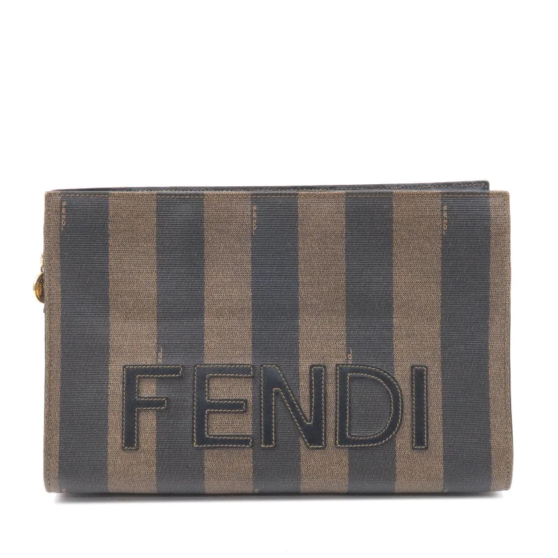 Fendi tote bags with a printed Fendi logo on the front for high brand visibilityFENDI Pequin PVC Leather Clutch Bag Black Khaki