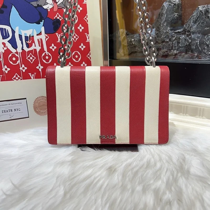 Ladies Prada Galleria bags with a textured leather surface for a more tactile lookPrada Red White Striped Leather WOC Bag Small