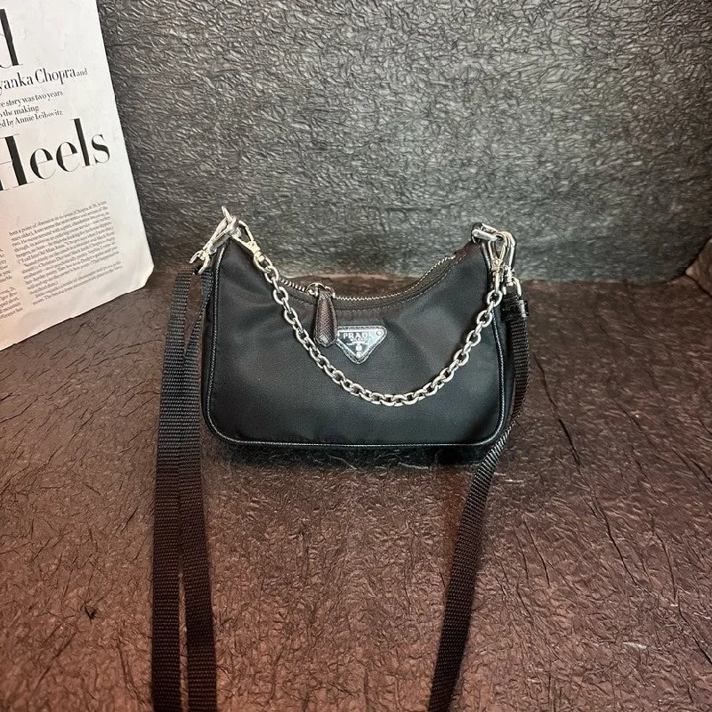 Ladies Prada handbags with a detachable wallet inside for added conveniencePrada Black Nylon Leather Mini Handbag Crossbody Bag