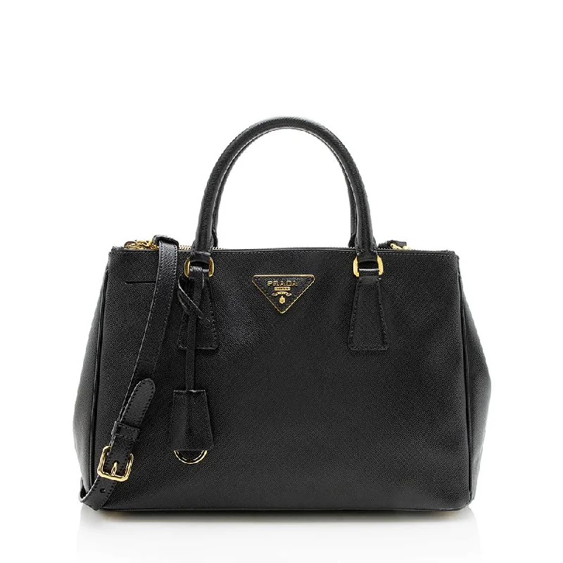 Prada bags with a snap - button closure and a decorative charm for a fashionable lookPrada Saffiano Lux Leather Double-Zip Small Tote (SHF-12481)