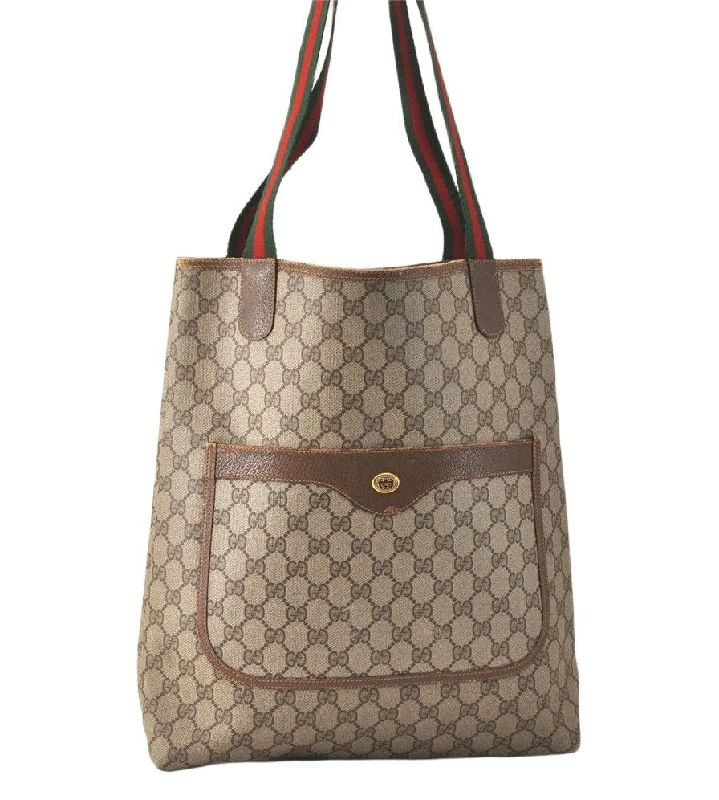 Small - sized Women Gucci shoulder bags for evening outingsAuthentic GUCCI Web Sherry Line Shoulder Tote Bag GG PVC Leather Brown 4175K