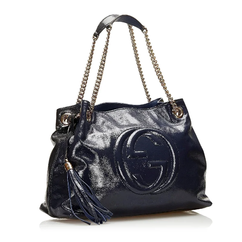 Women Gucci bags with a magnetic snap closure for easy accessGucci Medium Patent Leather Soho Chain Tote (SHG-6iuy6S)