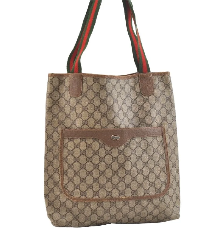 Women Gucci Sylvie bags featuring the signature web stripeAuthentic GUCCI Web Sherry Line Shoulder Tote Bag GG PVC Leather Brown 2442K