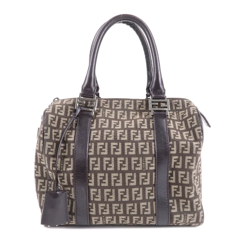 Fendi bags with a zip - top closure and a front - pocket for quick access to keys and cardsFENDI Zucchino Canvas Leather Boston Bag Brown Beige 8BL068