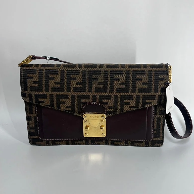 Fendi tote bags with a snap - button closure and a decorative charm for a fashionable and personalized lookFendi Zucca Canvas Leather Shoulder Bag Brown Medium