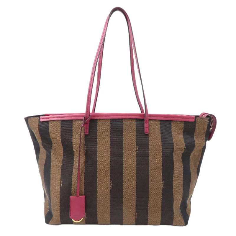 Ladies Fendi shoulder bags with a detachable scarf strap for a stylish and versatile optionFENDI Pequin Canvas Leather Tote Bag Pink Black 8BH185