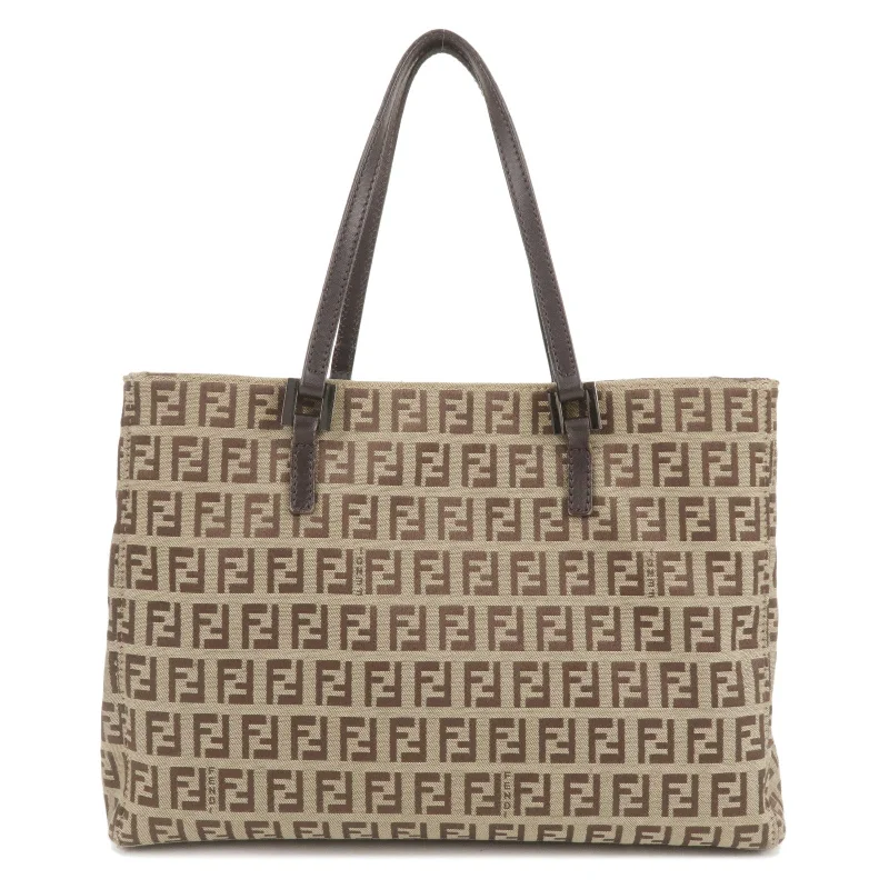 Fendi By The Way bags with a laser - cut leather detail for a modern and intricate lookFENDI Zucchino Canvas Leather Hand Bag Beige Brown 8BH072